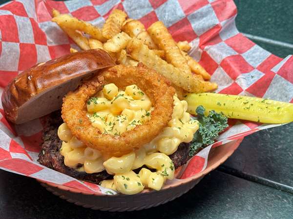 Mac Burger - Mac n cheese burger with an onion ring